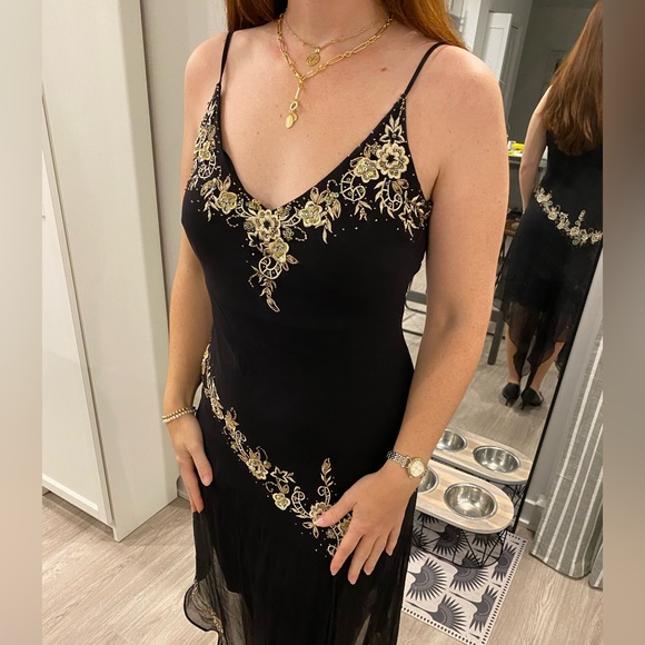 VINTAGE | Marina Black Silk Dress with Floral Sequin Embroidery / Modern Size XS - Picture 2 of 10